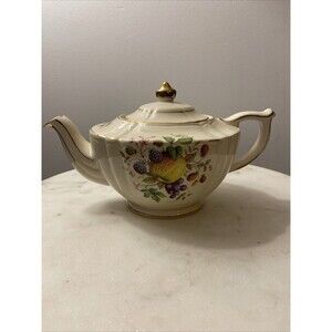 Vintage Sadler Teapot w/lid #2291. Made In England. Fruit Print With Gold Edging